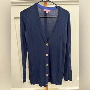 Lilly Pulitzer Blue Button Up Cardigan Sweater Classic Knit w/ Pockets sz Med